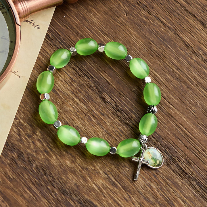 FREE Today: St. Jude & Crucifix Pendant Green Clear Beads Rose Bracelet