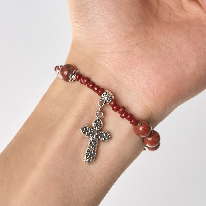 FREE Today: 8mm Red Sesame Stone One Decade Rosary Bracelet with Miraculous Medal & Cross