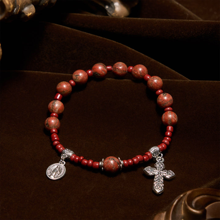 FREE Today: 8mm Red Sesame Stone One Decade Rosary Bracelet with Miraculous Medal & Cross