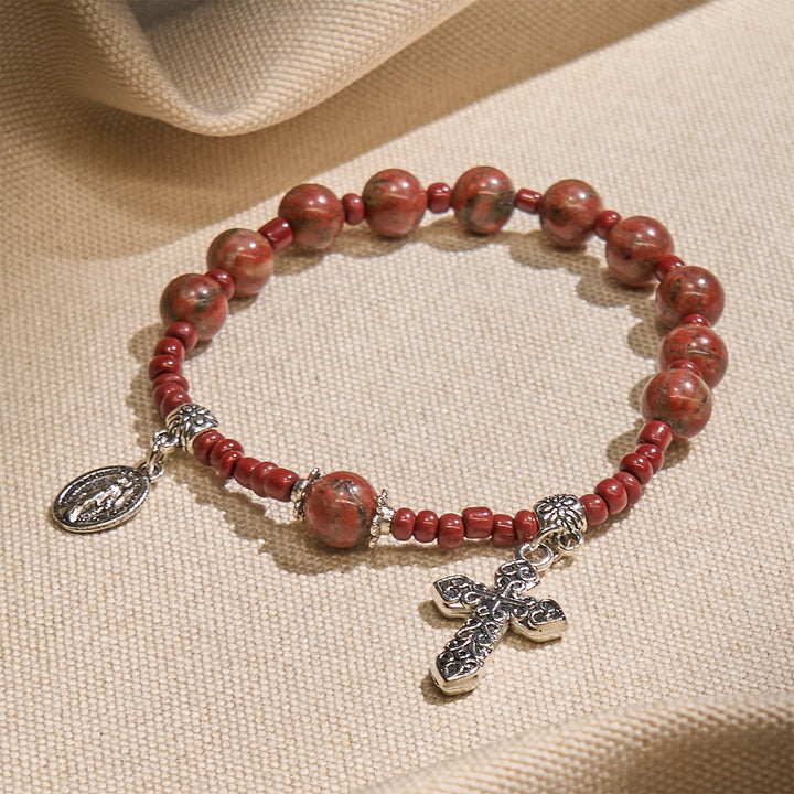 FREE Today: 8mm Red Sesame Stone One Decade Rosary Bracelet with Miraculous Medal & Cross