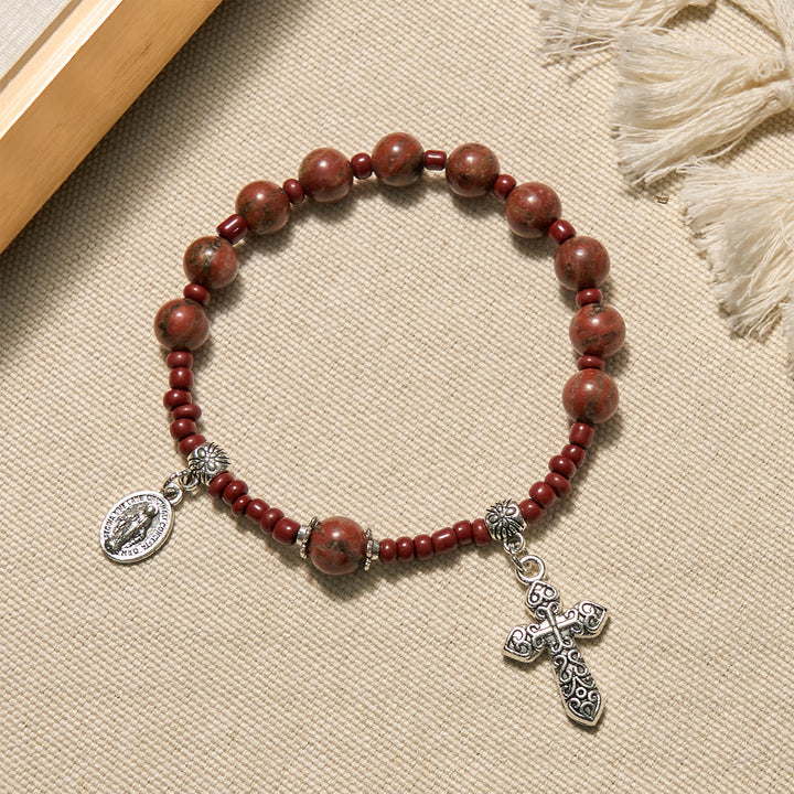 FREE Today: 8mm Red Sesame Stone One Decade Rosary Bracelet with Miraculous Medal & Cross