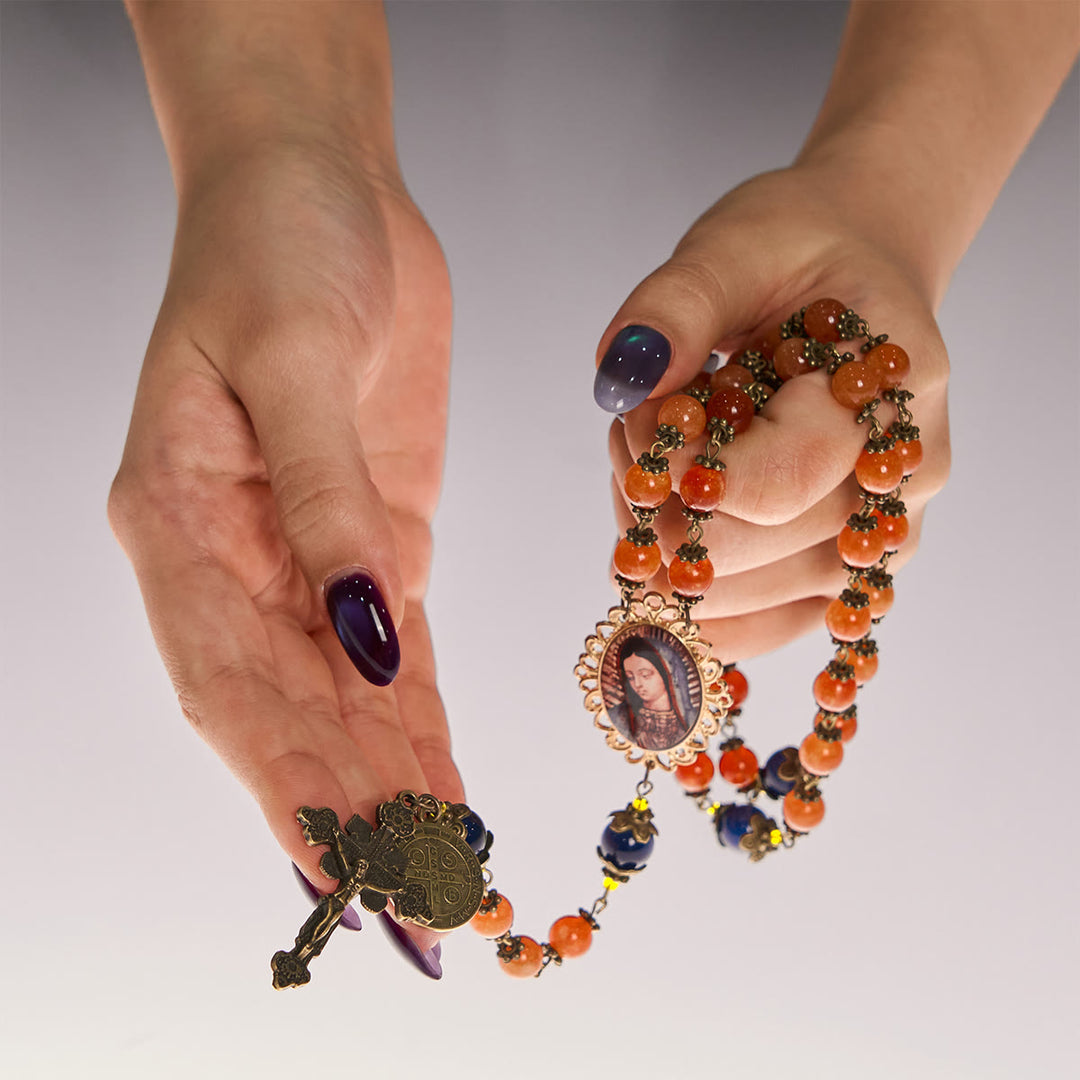 Christianartworkshop Handmade Orange Chalcedony Our Lady St. Benedict Medal Rosary - image 6
