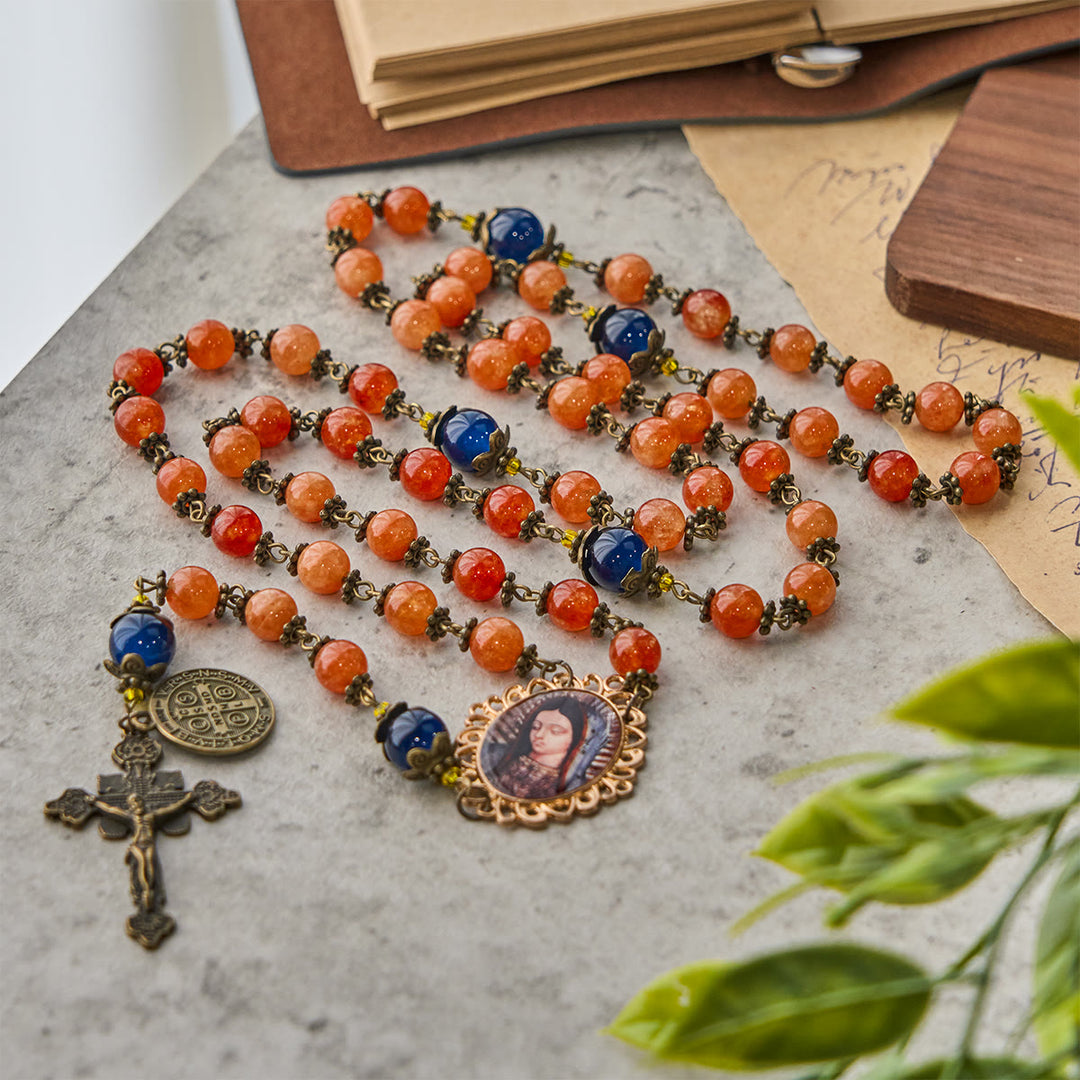 Christianartworkshop Handmade Orange Chalcedony Our Lady St. Benedict Medal Rosary - Orange Chalcedony - image 1