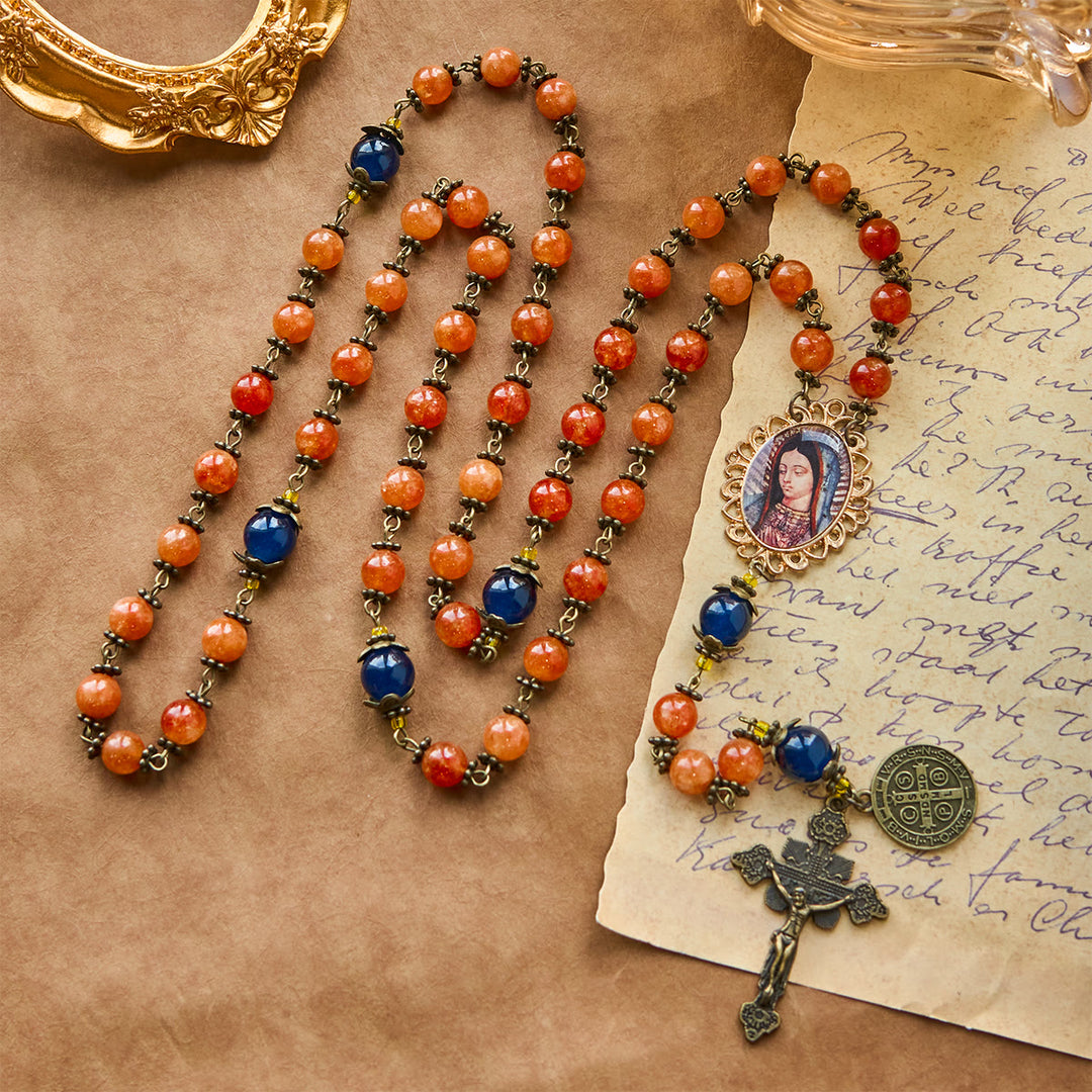 Christianartworkshop Handmade Orange Chalcedony Our Lady St. Benedict Medal Rosary - image 5