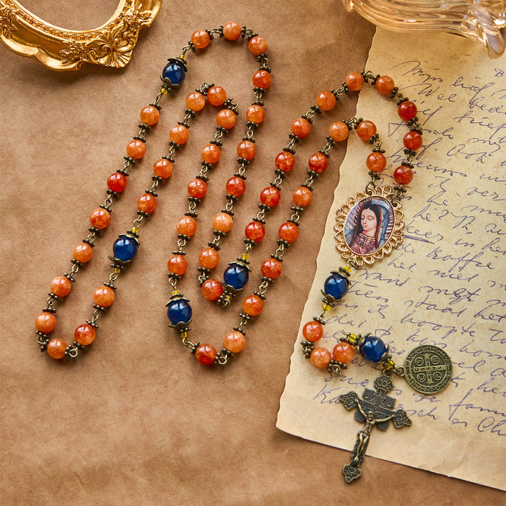 Christianartworkshop Handmade Orange Chalcedony Our Lady St. Benedict Medal Rosary - image 5