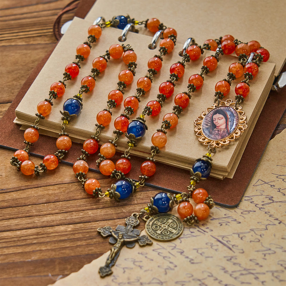 Christianartworkshop Handmade Orange Chalcedony Our Lady St. Benedict Medal Rosary - image 2