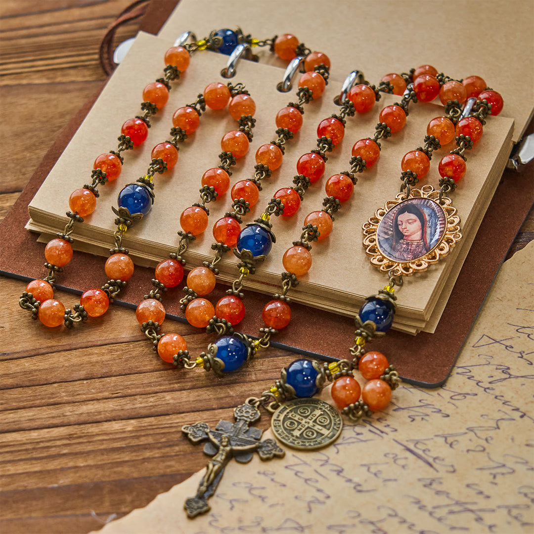 Christianartworkshop Handmade Orange Chalcedony Our Lady St. Benedict Medal Rosary - image 2