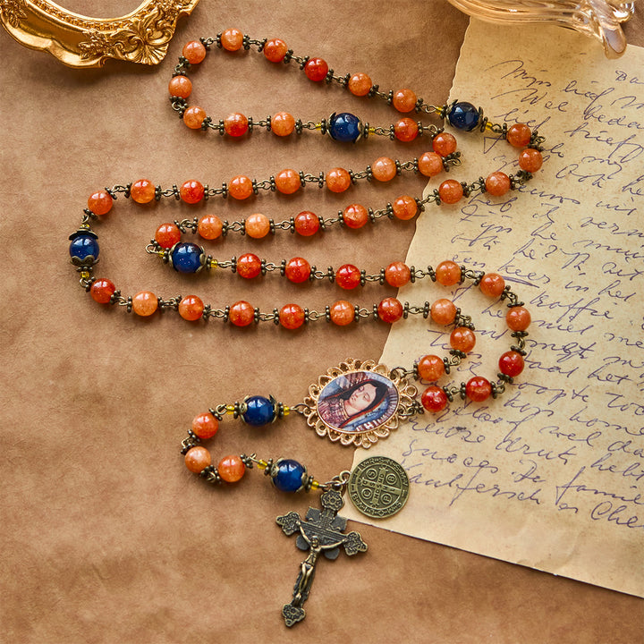 Christianartworkshop Handmade Orange Chalcedony Our Lady St. Benedict Medal Rosary - image 10