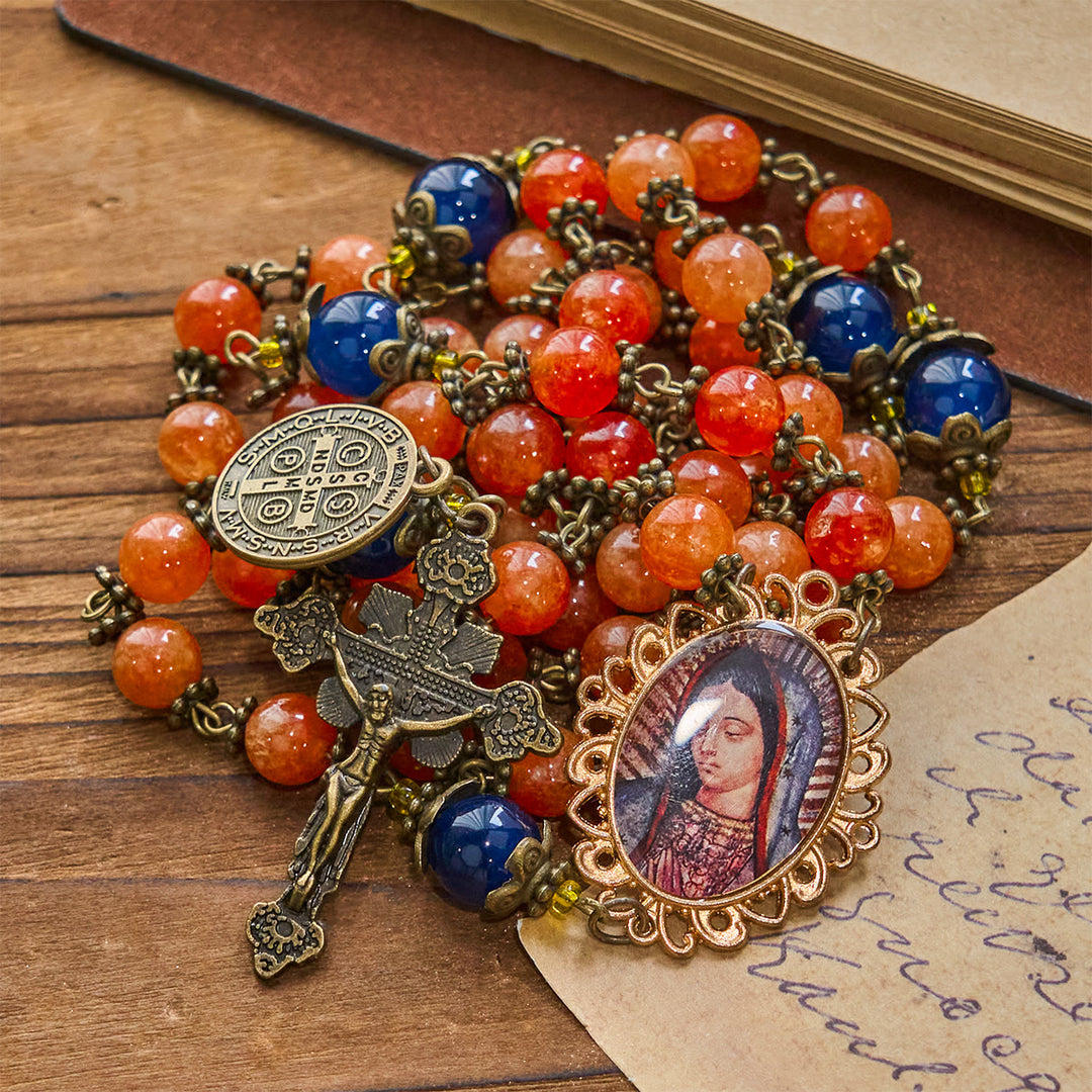 Christianartworkshop Handmade Orange Chalcedony Our Lady St. Benedict Medal Rosary - image 4