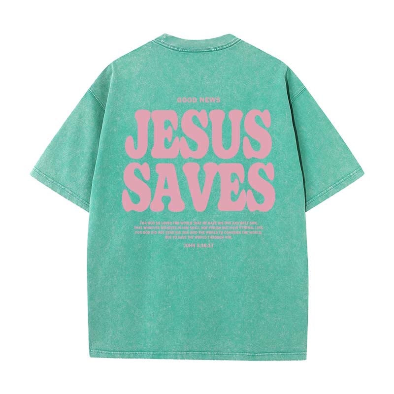 Christianartworkshop Jesus Saves Unisex Washed T-Shirt - Green - 5XL - image 16