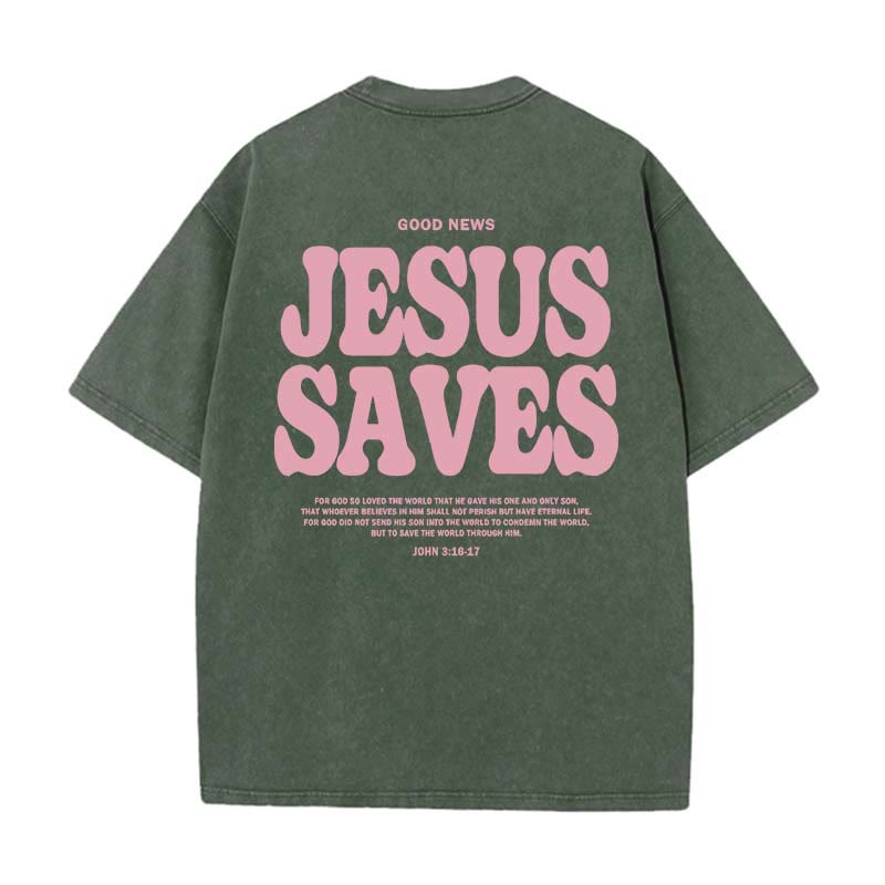 Christianartworkshop Jesus Saves Unisex Washed T-Shirt - Army Green - 5XL - image 1