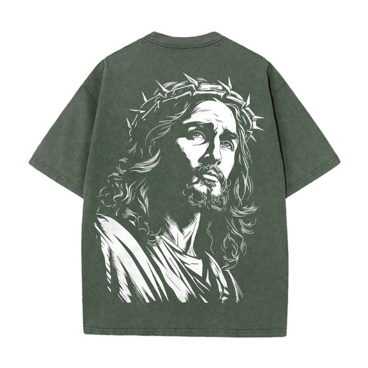 Christianartworkshop Vintage Style Jesus Christ Unisex Washed T-shirt - Army Green - 5XL - image 1