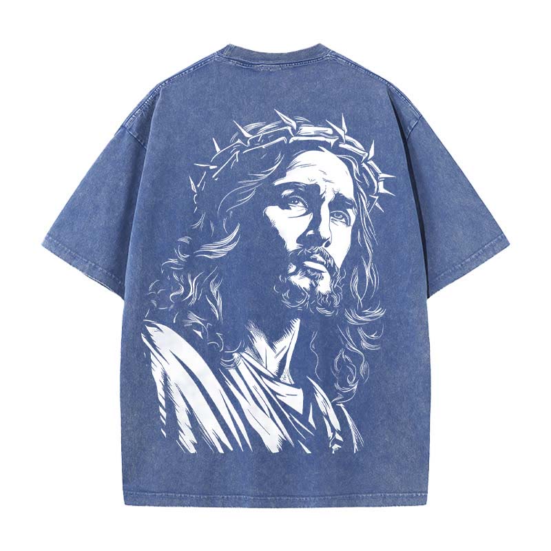 Christianartworkshop Vintage Style Jesus Christ Unisex Washed T-shirt - Blue - 5XL - image 8