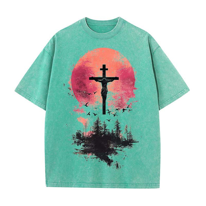 Christianartworkshop Divine Crucifix Over Nature Landscape Unisex Washed T-shirt - Green - 5XL - image 3