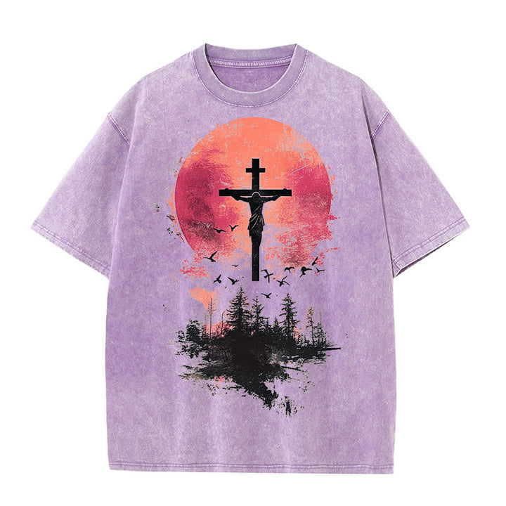 Christianartworkshop Divine Crucifix Over Nature Landscape Unisex Washed T-shirt - Purple - 5XL - image 1