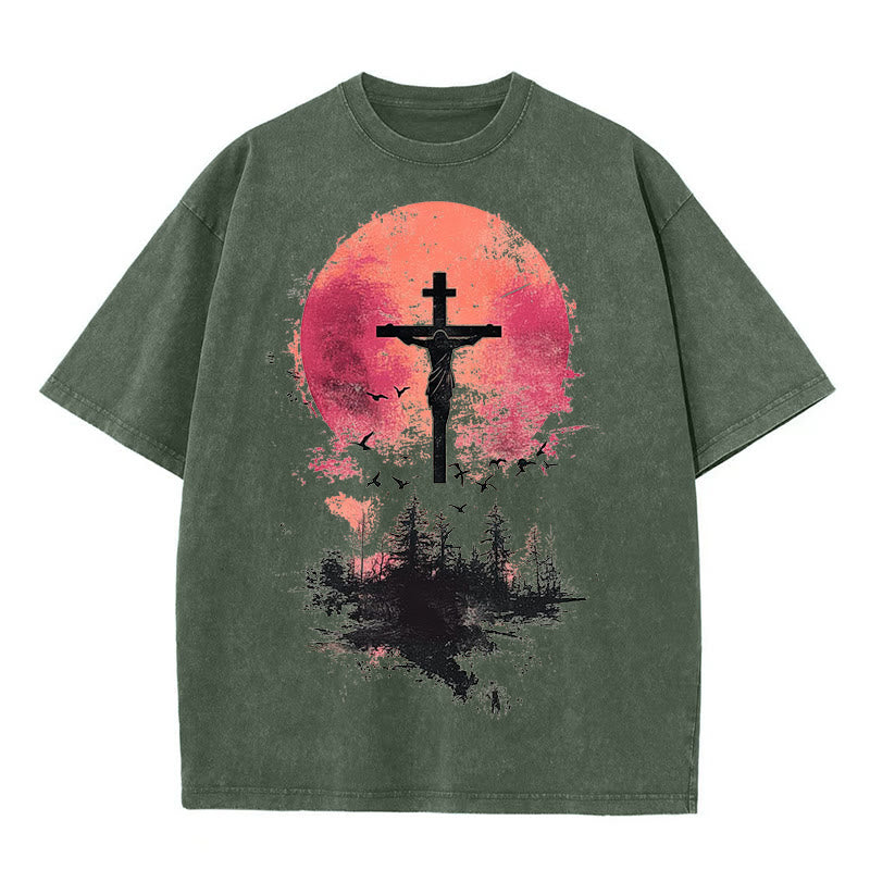 Christianartworkshop Divine Crucifix Over Nature Landscape Unisex Washed T-shirt - Army Green - 5XL - image 5