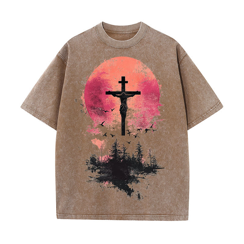 Christianartworkshop Divine Crucifix Over Nature Landscape Unisex Washed T-shirt - Coffee - 5XL - image 9