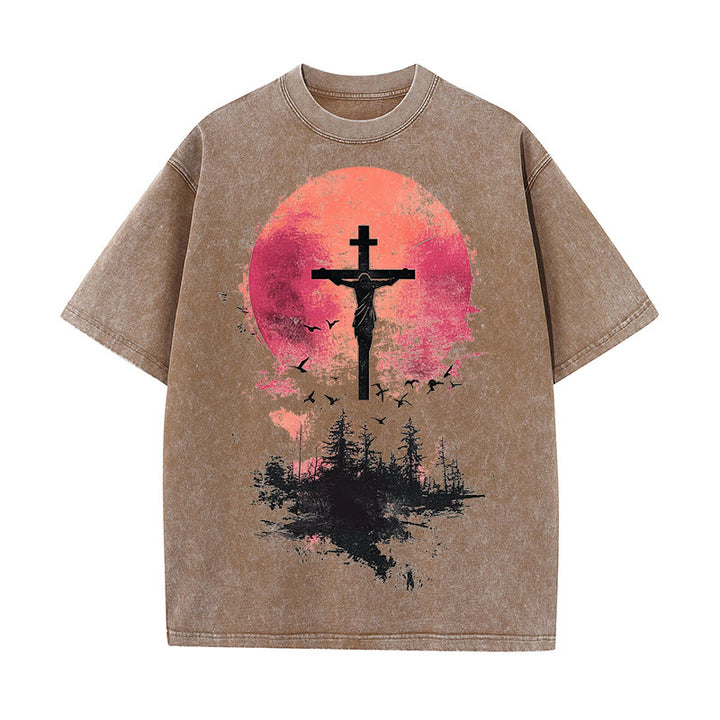 Christianartworkshop Divine Crucifix Over Nature Landscape Unisex Washed T-shirt - Coffee - 5XL - image 9