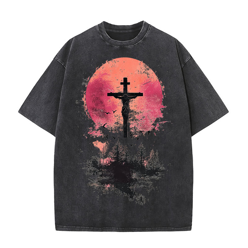 Christianartworkshop Divine Crucifix Over Nature Landscape Unisex Washed T-shirt - Black - 5XL - image 4