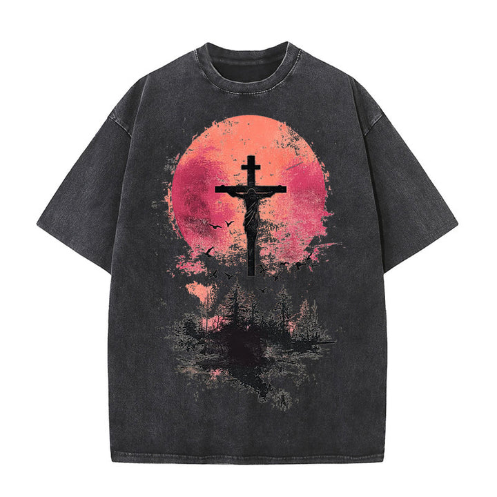 Christianartworkshop Divine Crucifix Over Nature Landscape Unisex Washed T-shirt - Black - 5XL - image 4