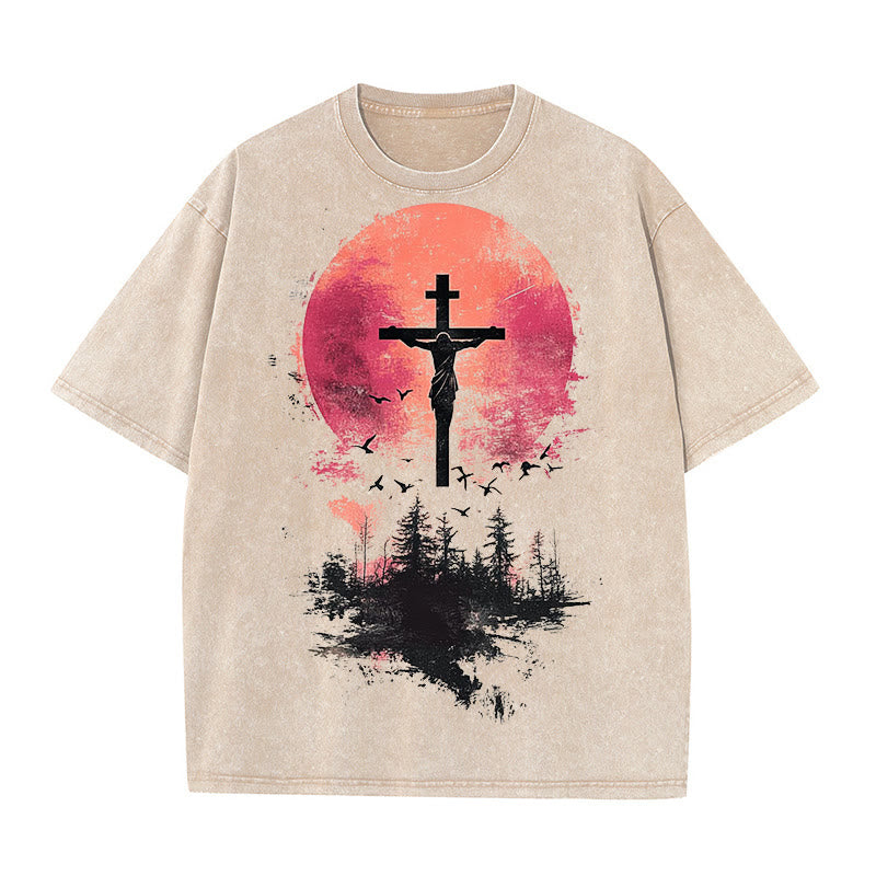 Christianartworkshop Divine Crucifix Over Nature Landscape Unisex Washed T-shirt - Apricot - 5XL - image 7