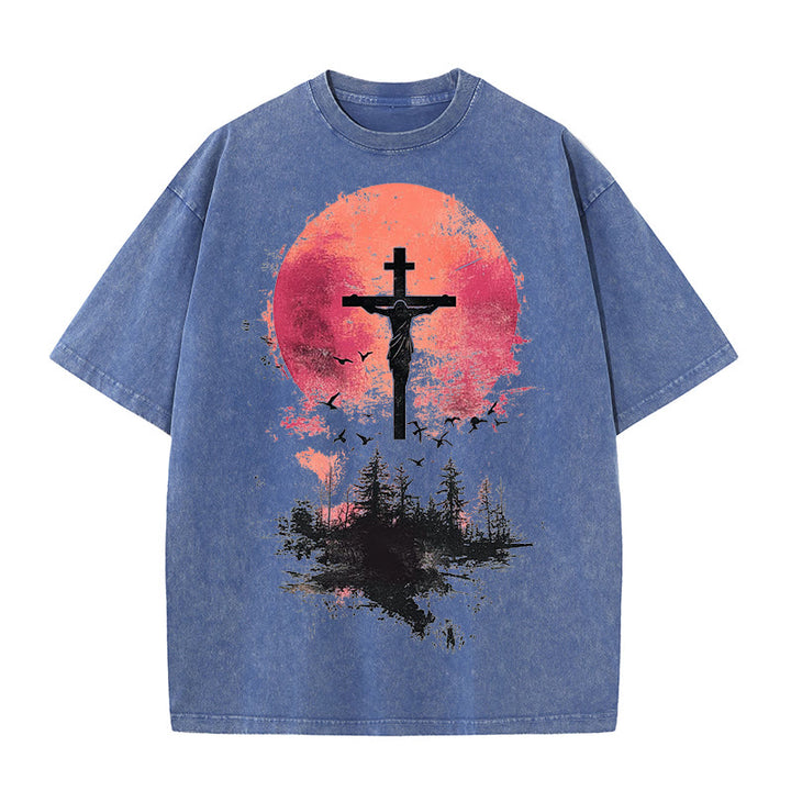 Christianartworkshop Divine Crucifix Over Nature Landscape Unisex Washed T-shirt - Blue - 5XL - image 10