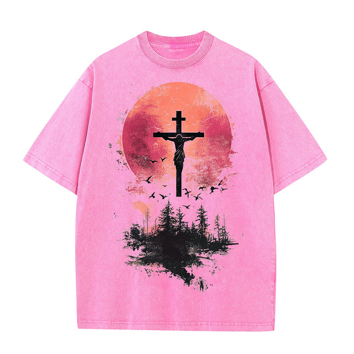 Christianartworkshop Divine Crucifix Over Nature Landscape Unisex Washed T-shirt - Pink - 5XL - image 8
