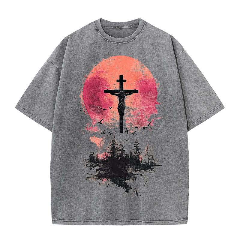 Christianartworkshop Divine Crucifix Over Nature Landscape Unisex Washed T-shirt - Grey - 5XL - image 6