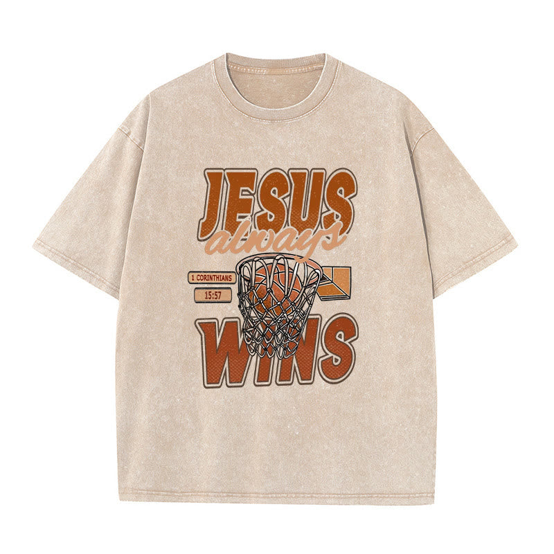 Christianartworkshop Jesus Always Wins Basketball Graphic Unisex Washed T-shirt - Apricot - 5XL - image 1