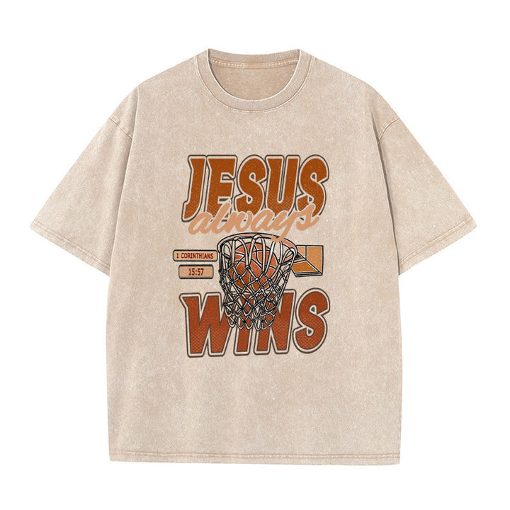 Christianartworkshop Jesus Always Wins Basketball Graphic Unisex Washed T-shirt - Apricot - 5XL - image 1