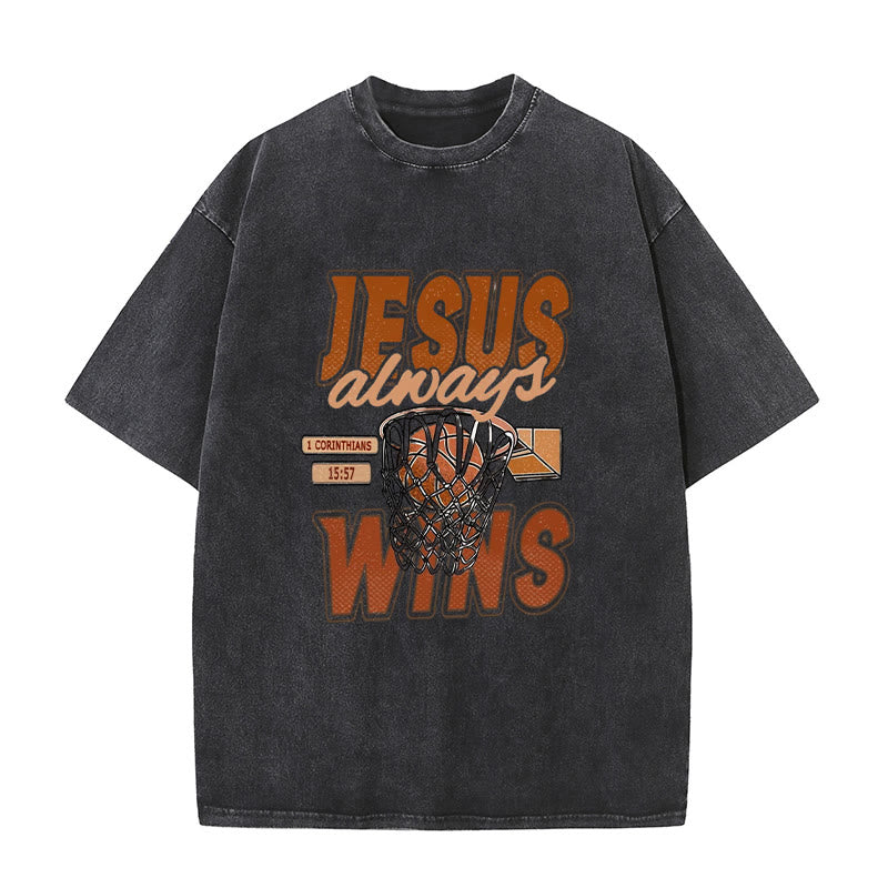 Christianartworkshop Jesus Always Wins Basketball Graphic Unisex Washed T-shirt - Black - 5XL - image 9