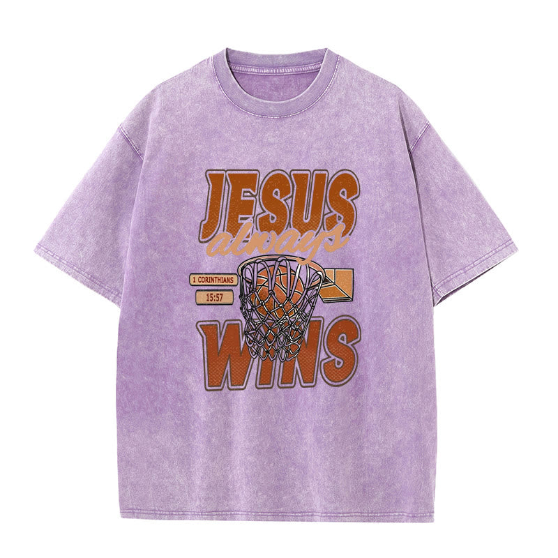 Christianartworkshop Jesus Always Wins Basketball Graphic Unisex Washed T-shirt - Purple - 5XL - image 4