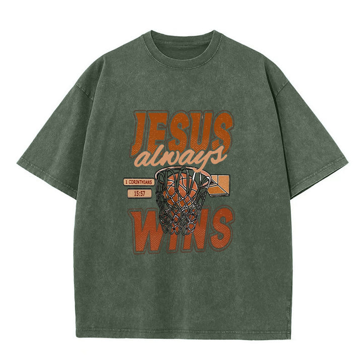 Christianartworkshop Jesus Always Wins Basketball Graphic Unisex Washed T-shirt - Army Green - 5XL - image 8