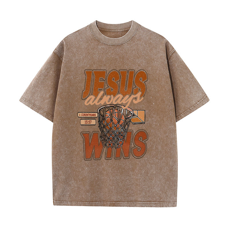Christianartworkshop Jesus Always Wins Basketball Graphic Unisex Washed T-shirt - Coffee - 5XL - image 3