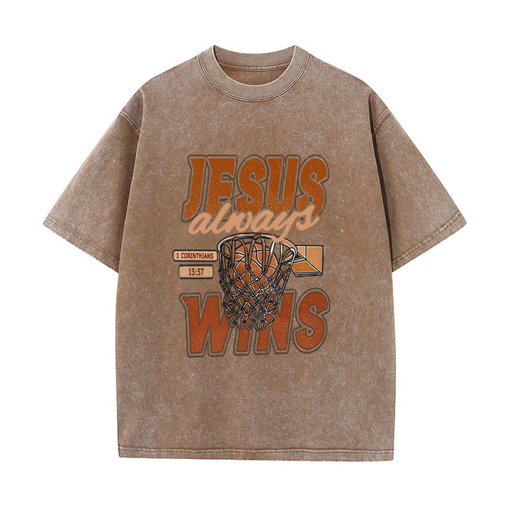 Christianartworkshop Jesus Always Wins Basketball Graphic Unisex Washed T-shirt - Coffee - 5XL - image 3