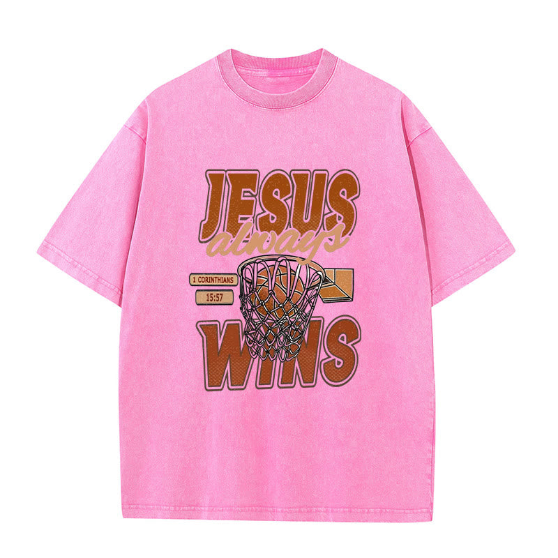 Christianartworkshop Jesus Always Wins Basketball Graphic Unisex Washed T-shirt - Pink - 5XL - image 5