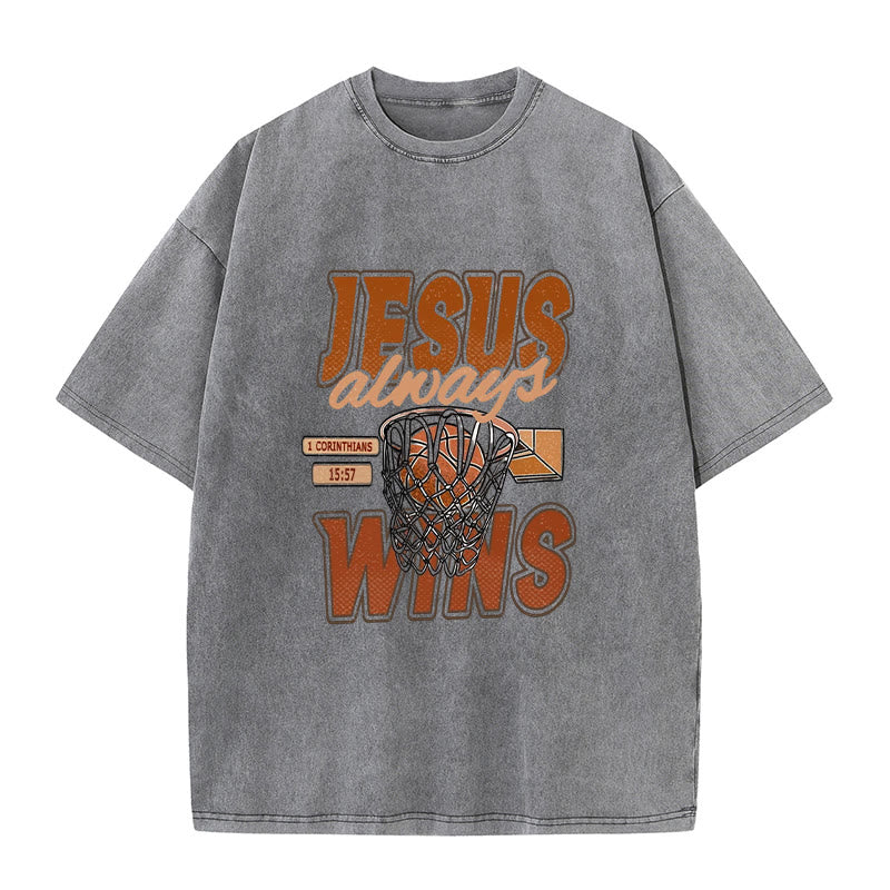 Christianartworkshop Jesus Always Wins Basketball Graphic Unisex Washed T-shirt - Grey - 5XL - image 7