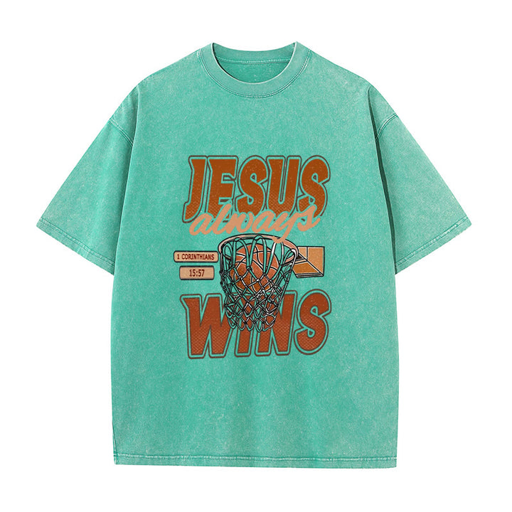 Christianartworkshop Jesus Always Wins Basketball Graphic Unisex Washed T-shirt - Green - 5XL - image 6