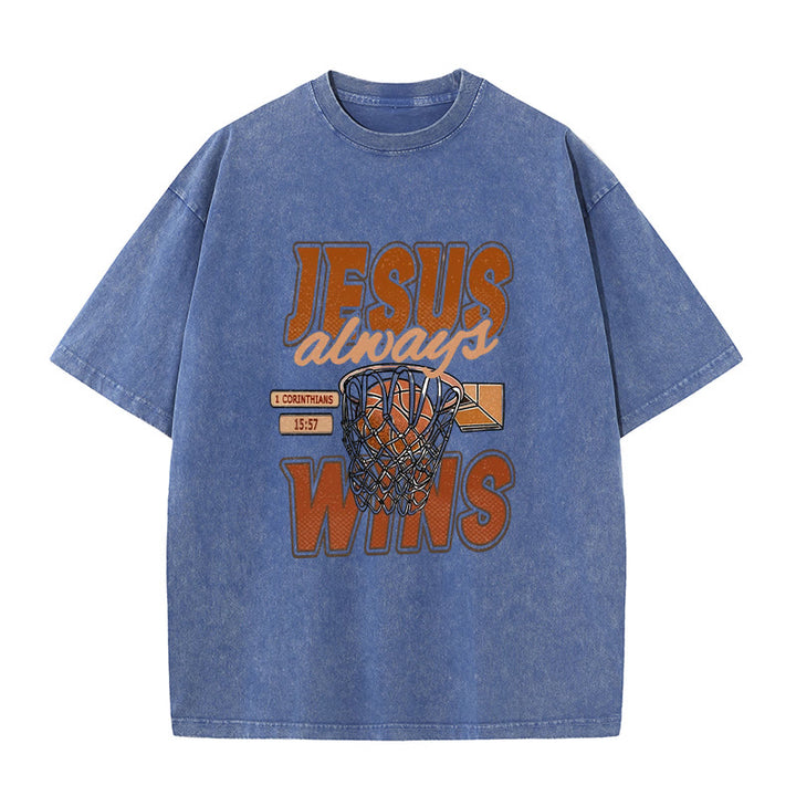 Christianartworkshop Jesus Always Wins Basketball Graphic Unisex Washed T-shirt - Blue - 5XL - image 10