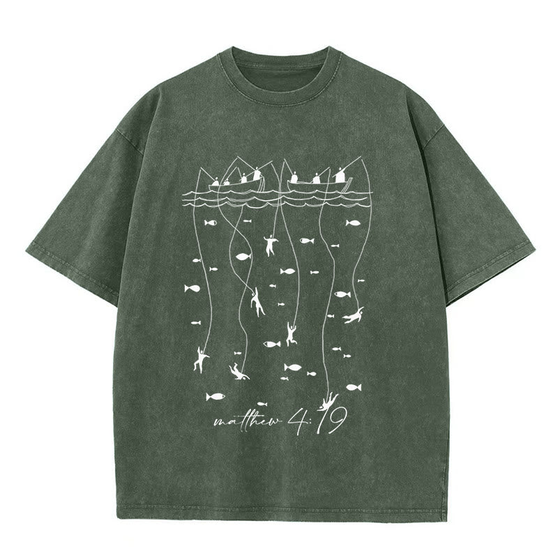 Christianartworkshop Biblical Fishing Narrative Unisex Washed T-shirt - Army Green - 5XL - image 6