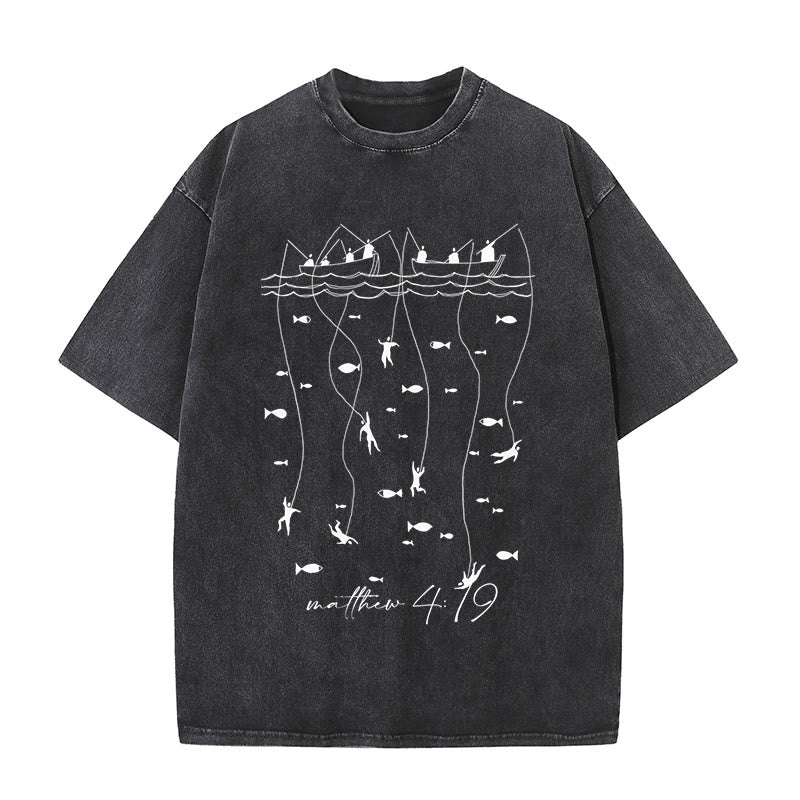 Christianartworkshop Biblical Fishing Narrative Unisex Washed T-shirt - Black - 5XL - image 5