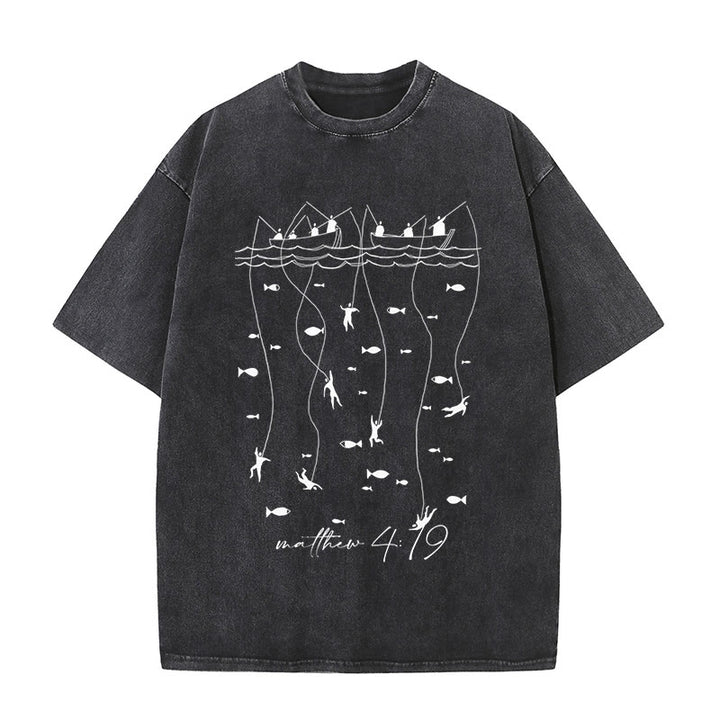 Christianartworkshop Biblical Fishing Narrative Unisex Washed T-shirt - Black - 5XL - image 5