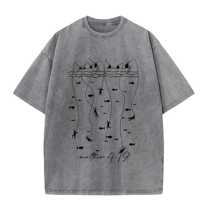 Christianartworkshop Biblical Fishing Narrative Unisex Washed T-shirt - Grey - 5XL - image 7