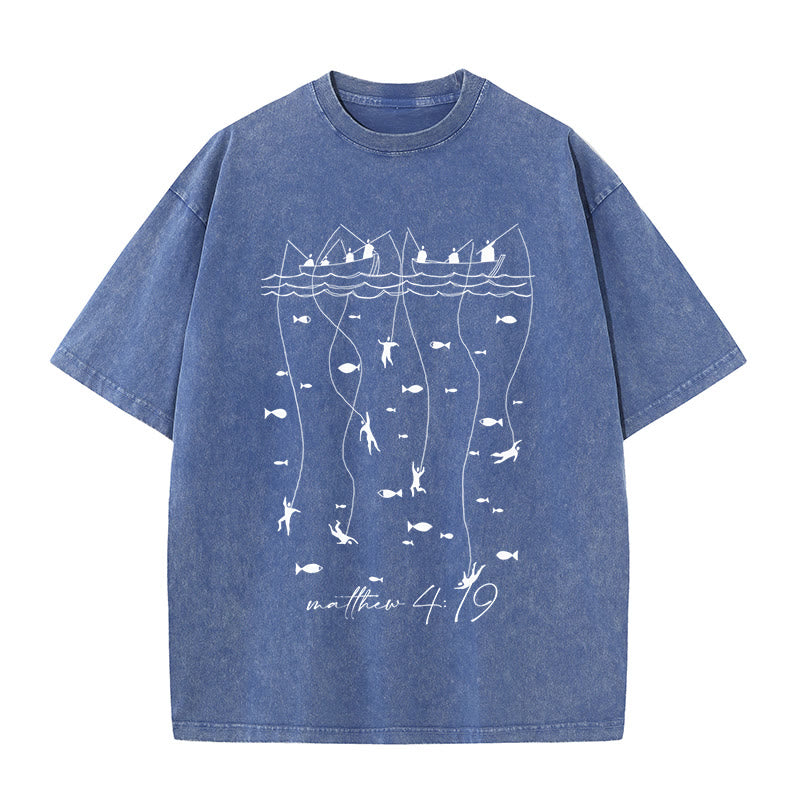 Christianartworkshop Biblical Fishing Narrative Unisex Washed T-shirt - Blue - 5XL - image 1