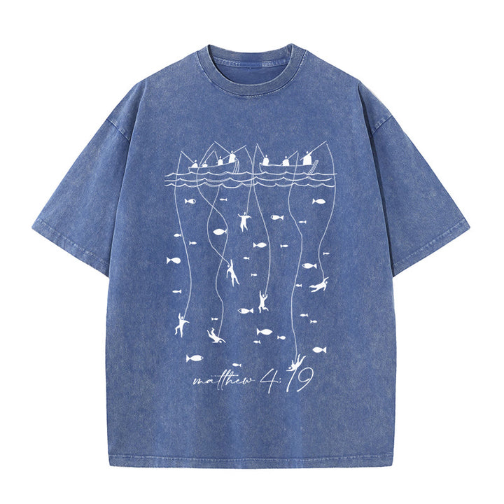 Christianartworkshop Biblical Fishing Narrative Unisex Washed T-shirt - Blue - 5XL - image 1