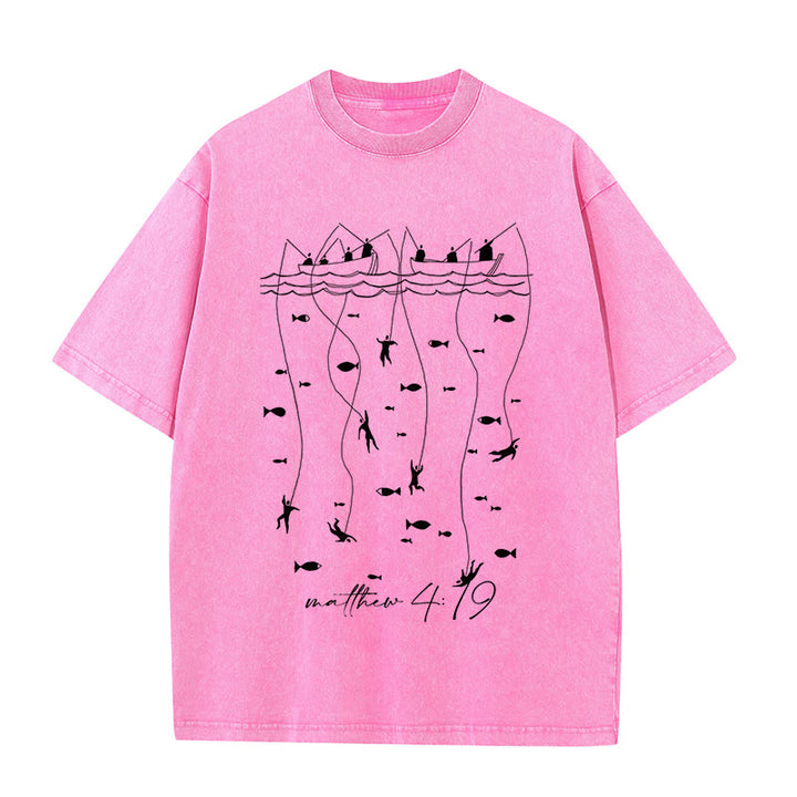 Christianartworkshop Biblical Fishing Narrative Unisex Washed T-shirt - Pink - 5XL - image 9