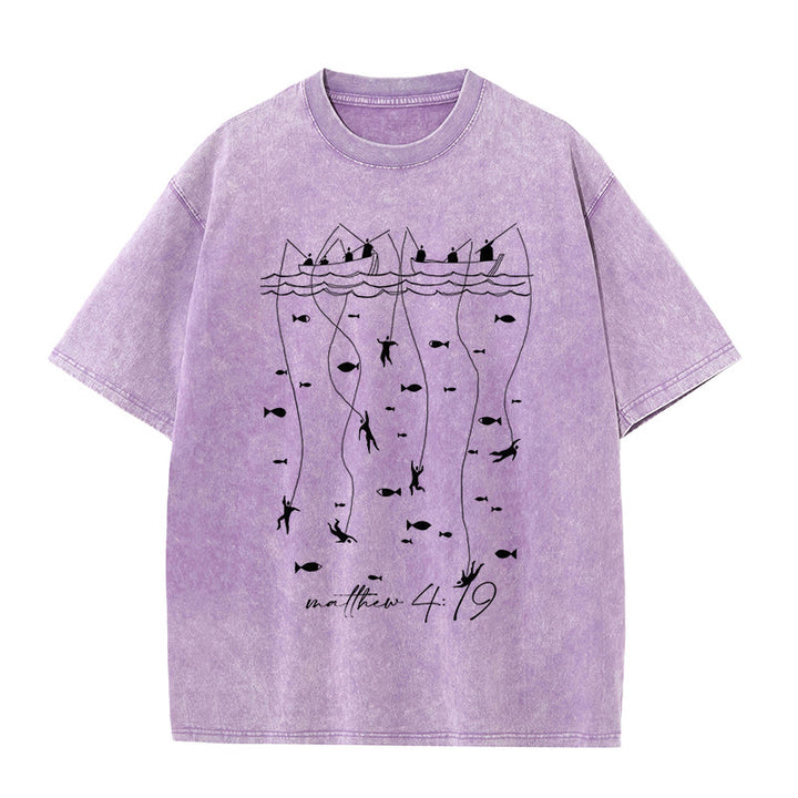 Christianartworkshop Biblical Fishing Narrative Unisex Washed T-shirt - Purple - 5XL - image 4