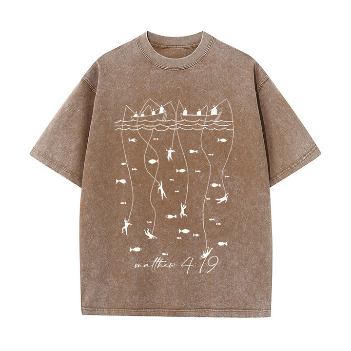 Christianartworkshop Biblical Fishing Narrative Unisex Washed T-shirt - Coffee - 5XL - image 10