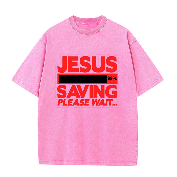 Christianartworkshop Jesus Saving Please Wait Unisex Washed T-shirt - Pink - 5XL - image 3