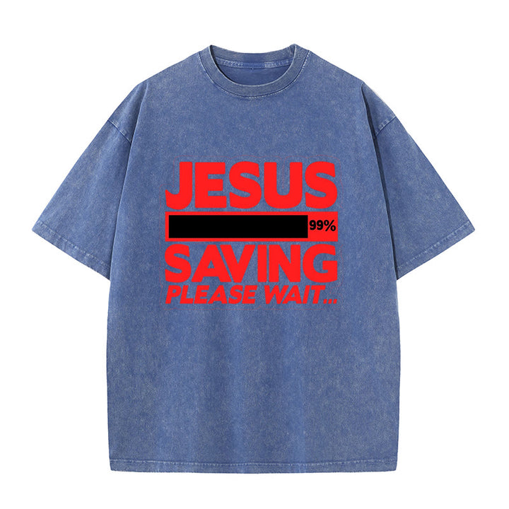 Christianartworkshop Jesus Saving Please Wait Unisex Washed T-shirt - Blue - 5XL - image 6